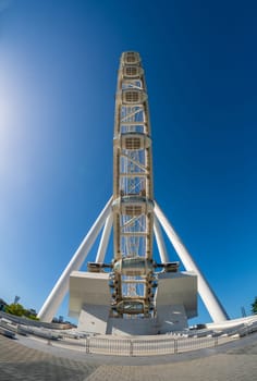 Looking up with fish eye lens at Ain Dubai or Dubai Eye Observation Wheel on BlueWaters Island in Jumeirah