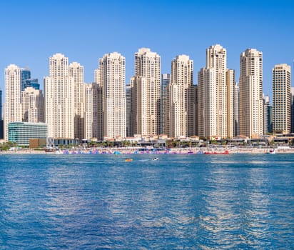 Panorama of new apartments and hotels on oceanfront in Jumeirah Beach Residence area of Dubai