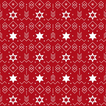 Seamless pattern with repeated stars and geometric elements on red background for Christmas theme designs