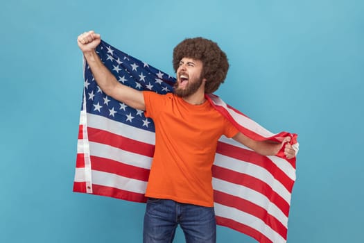Portrait of man with Afro hairstyle in T-shirt holing huge american flag and rejoicing while celebrating national holiday, looking away and screaming. Indoor studio shot isolated on blue background.