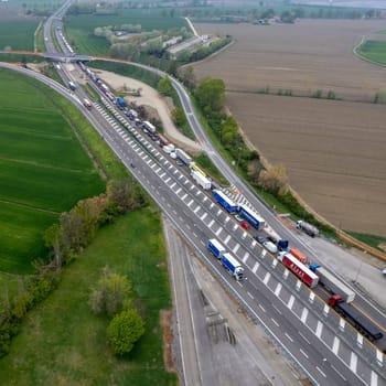 Piacenza, Italy - 13 April 2023 Traffic jam on highway during rush hou in autostrada del sole, italy near Piacenza