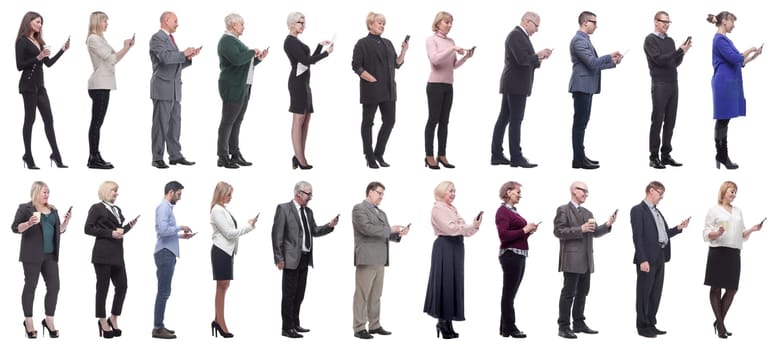 group of people profile holding phone in hand isolated on white background