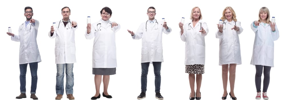 group of doctors holding jar isolated on white background