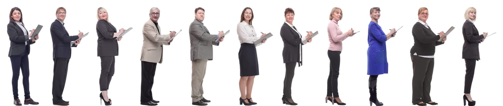 group of successful people with notepad in hands isolated on white background