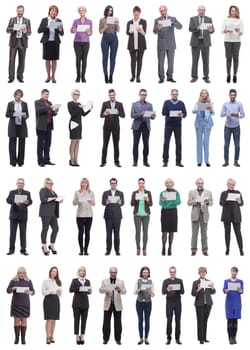 group of people holding tablet and looking into it isolated on white background