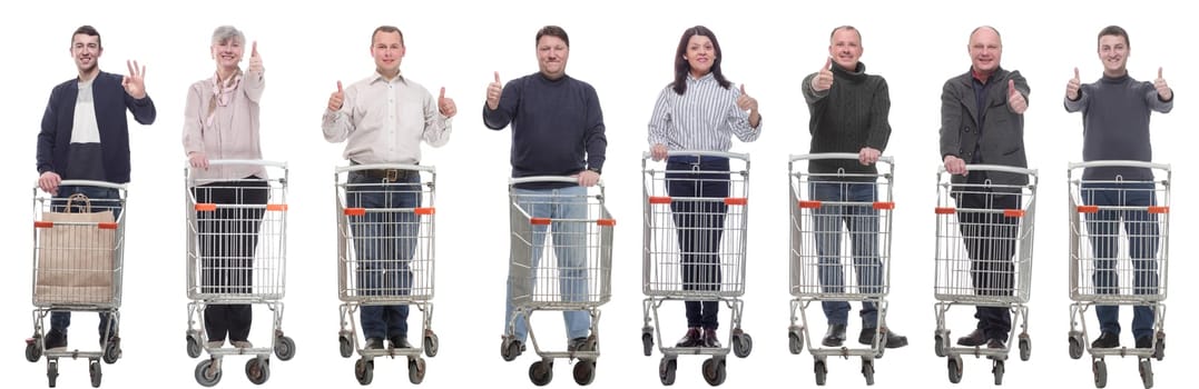 group of people with shopping cart showing thumbs up isolated on white background
