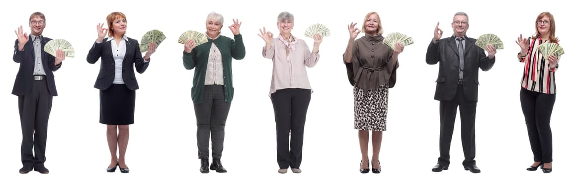 group of successful people holding money in hand isolated on white background