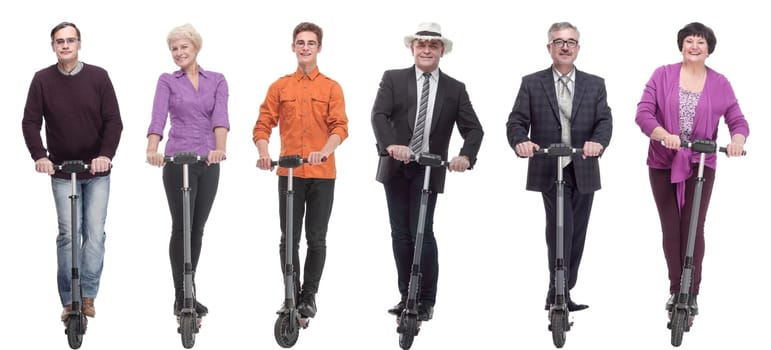 group of successful people on scooter isolated on white background