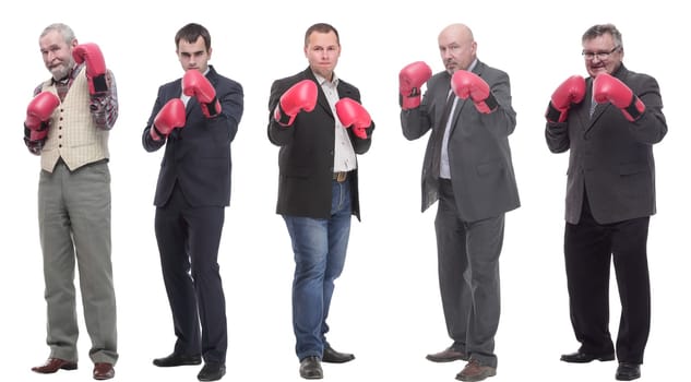 collage of businessmen in boxing gloves isolated on white background