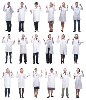 group of doctors holding jar isolated on white background