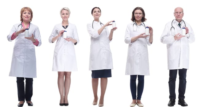 group of doctors holding jar isolated on white background