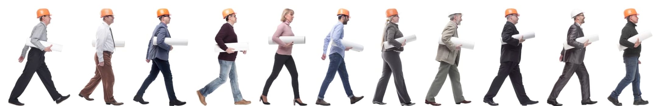 Architect profile collage in hardhat with blueprints in walking isolated on white background