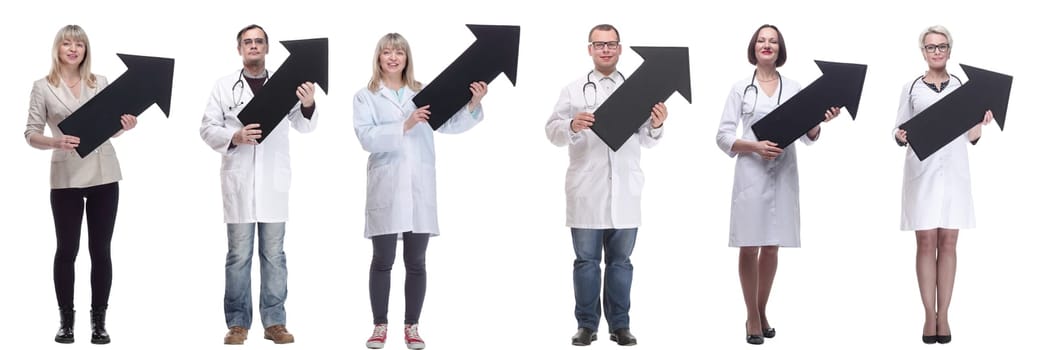 group of successful business people with black arrow isolated on white background
