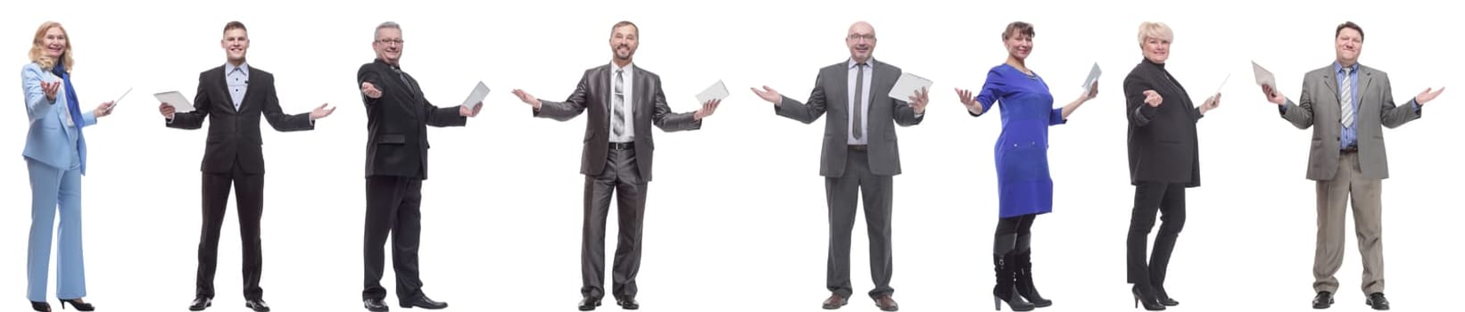 group of people holding tablet with outstretched hand isolated on white background