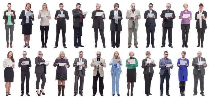 group of people holding tablet and looking into it isolated on white background