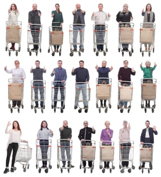 group of people with shopping cart showing thumbs up isolated on white background