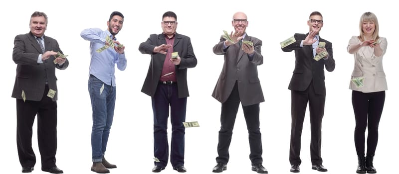 group of successful people holding money in hand isolated on white background