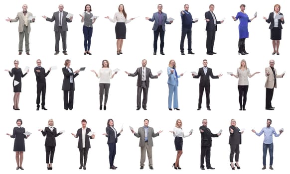 group of people holding tablet with outstretched hand isolated on white background