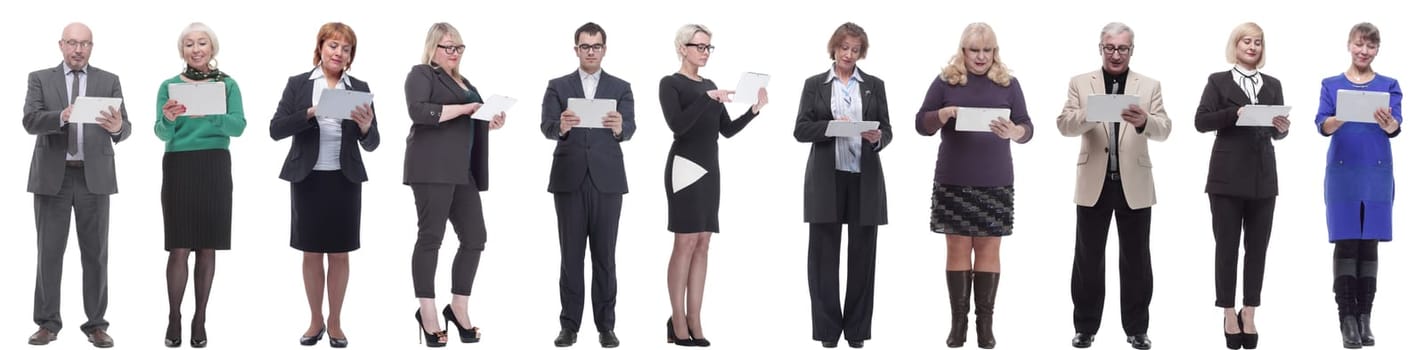 group of people holding tablet and looking into it isolated on white background