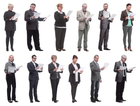 collage of people holding a4 sheet in hands isolated on white background