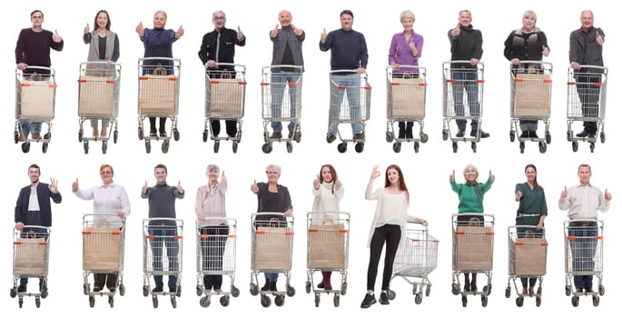 group of people with shopping cart showing thumbs up isolated on white background