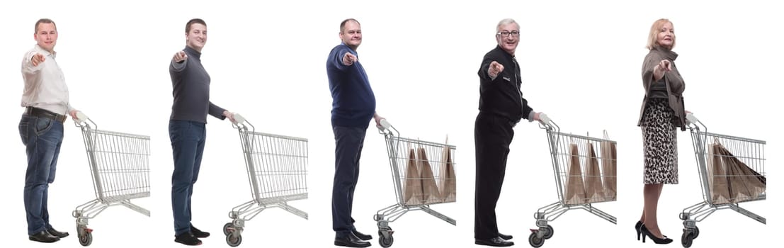 a group of people with a shopping cart point their finger at the camera on a white background