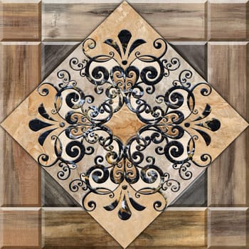 Digital tiles design. 3D rendering Colorful ceramic wall and floor tiles decoration. Abstract damask patchwork pattern with geometric and floral ornaments, Vintage tiles digital design . High quality photo