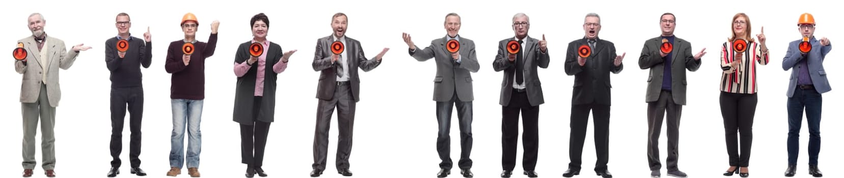 collage of successful architects speaks into a loudspeaker to the camera on a white background.