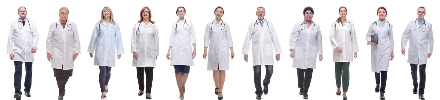 group of doctors in motion isolated on white background