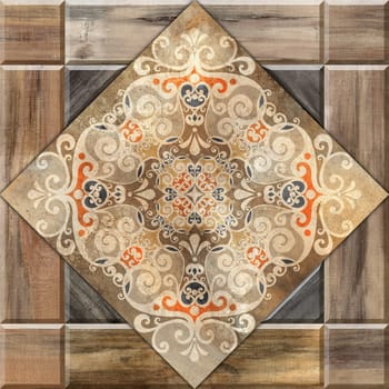 Digital tiles design. 3D rendering Colorful ceramic wall and floor tiles decoration. Abstract damask patchwork pattern with geometric and floral ornaments, Vintage tiles digital design . High quality photo