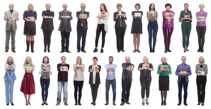 group of happy people with gifts in their hands isolated on white background