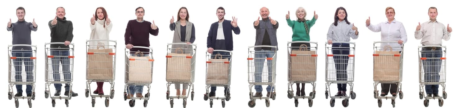 group of people with shopping cart showing thumbs up isolated on white background