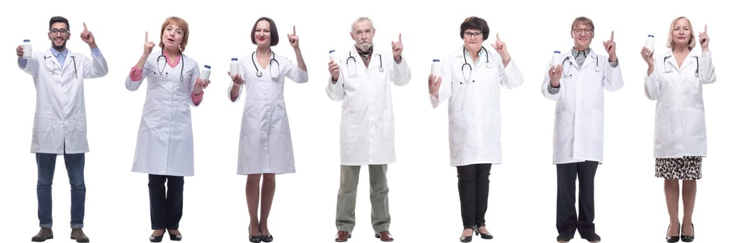 group of doctors holding jar isolated on white background