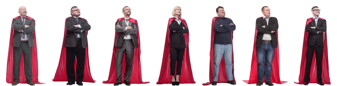 group of people in red raincoat isolated on white background