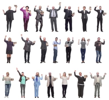 group of happy people with gifts in their hands isolated on white background