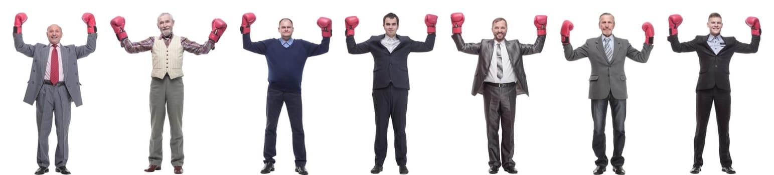 collage of businessmen in boxing gloves isolated on white background