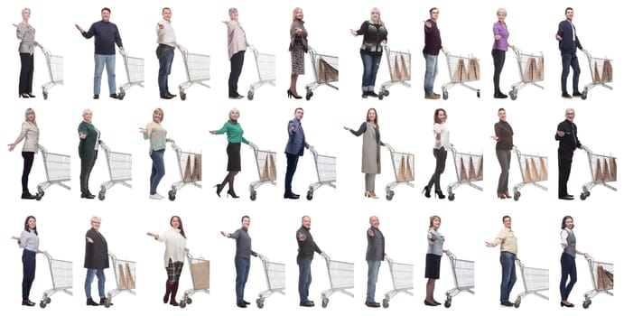 group of people with shopping cart on white background