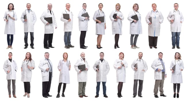 full length group of doctors with notepad isolated on white background