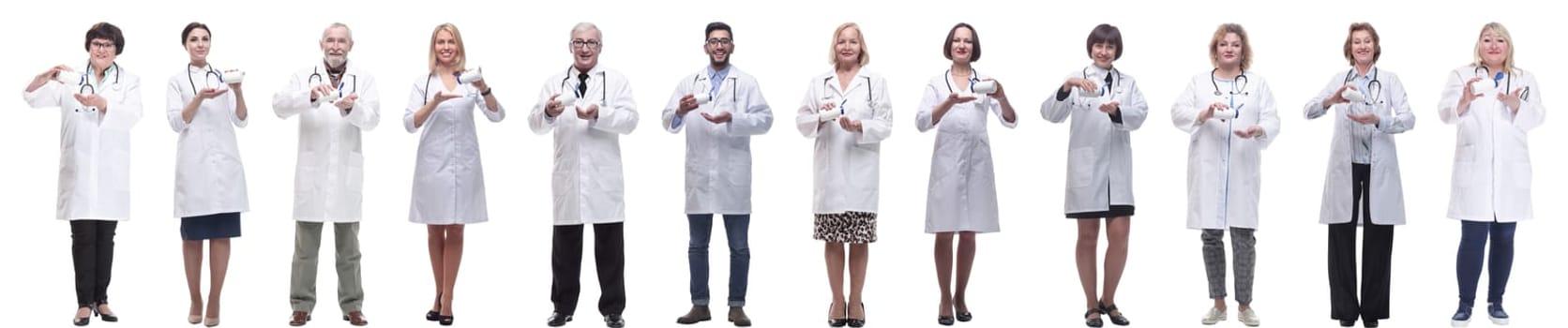 group of doctors holding jar isolated on white background