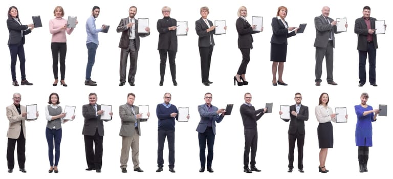 group of successful people with notepad in hands isolated on white background