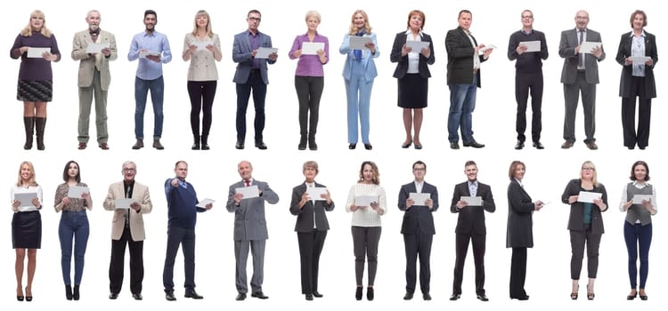 group of people demonstrating tablet looking at camera isolated on white background