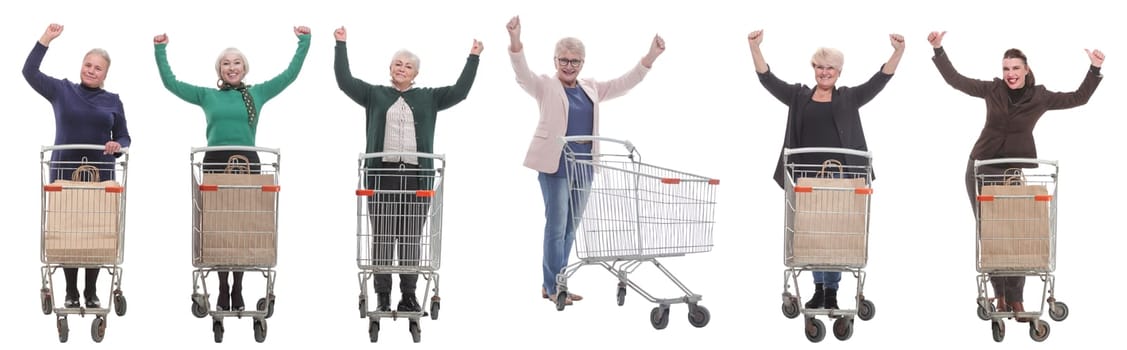 group of people with cart raised their hands up isolated on white background