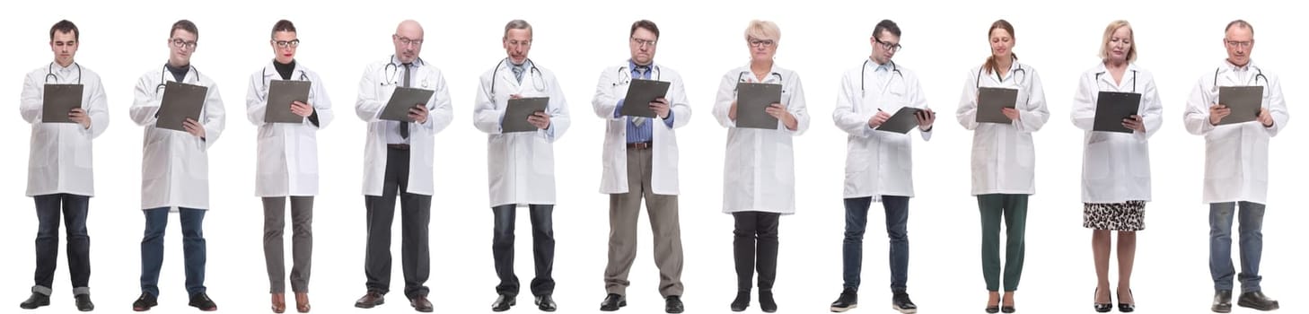 full length group of doctors with notepad isolated on white background