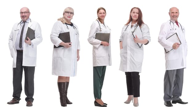 full length group of doctors with notepad isolated on white background