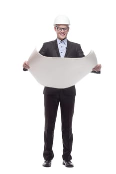 in full growth. young architect with drawings. isolated on a white background.