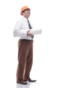 in full growth. smiling architect with drawings in a protective helmet. isolated on a white
