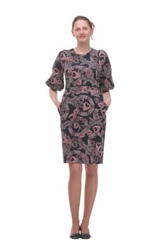 Full body portrait of smiling woman in dress. Isolated over white background