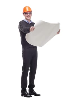 businessman in orange hardhat looking at blueprint. isolated on white background