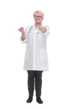 competent doctor with a laboratory flask. isolated on a white background.