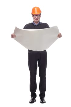 Construction worker holding blueprints and giving thumbs-up against white background